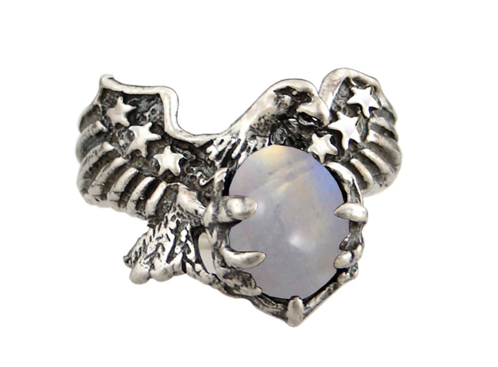 Sterling Silver American Eagle Ring With Rainbow Moonstone Size 12